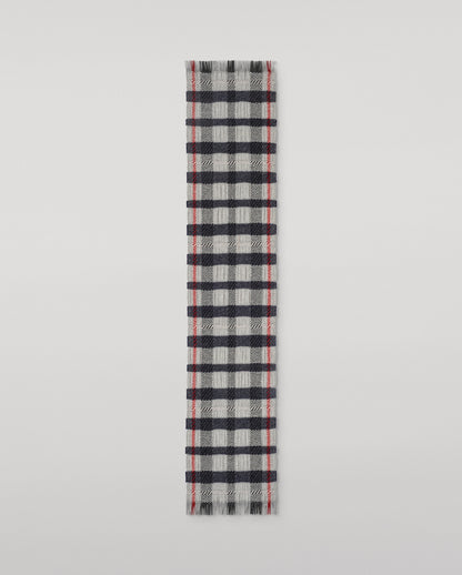 Johnstons of Elgin Plaid scarf with black, red, and gray pattern on a light gray background WA002615RU7820