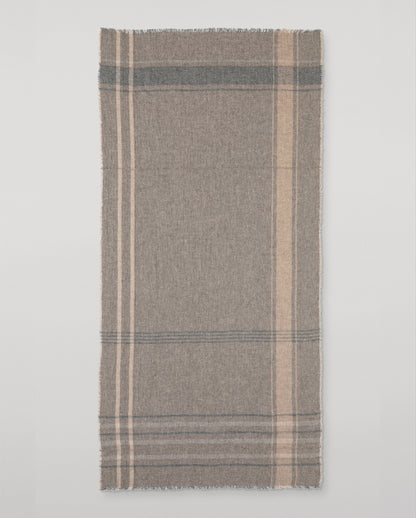 Johsntons of Elgin Plaid blanket with brown, beige, and blue pattern on a light gray background WA002642RU7772