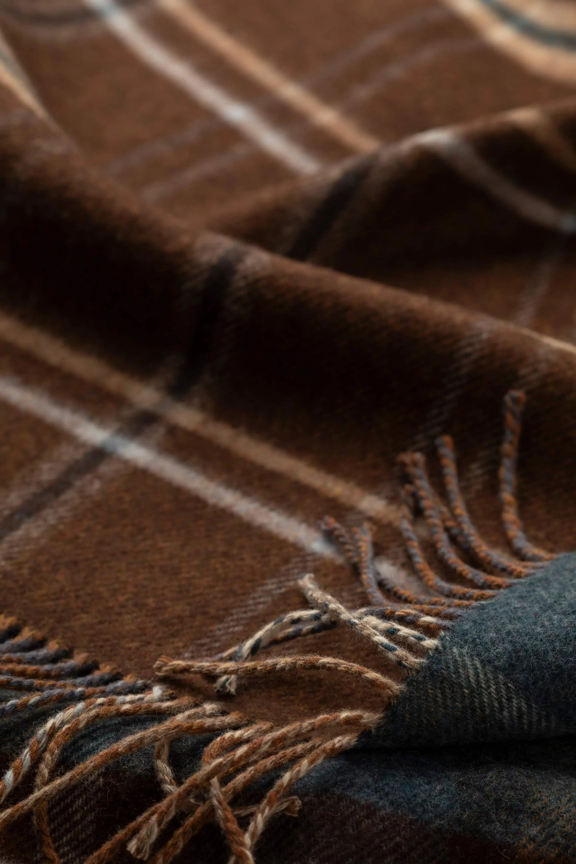 2025 Johnstons of Elgin Interiors Collection Heather Blue Check & Brown Windowpane Reversible Lambswool Throw detail WD000021RU7427ONE