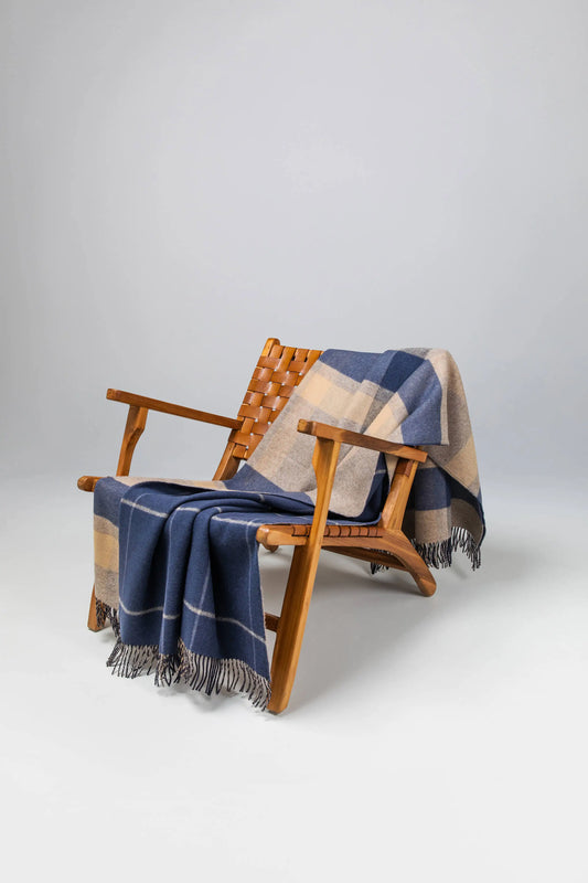 Johnstons of Elgin Blanket Collection Blue Overcheck Double Face Lambswool Throw WD000021RU6955ONE