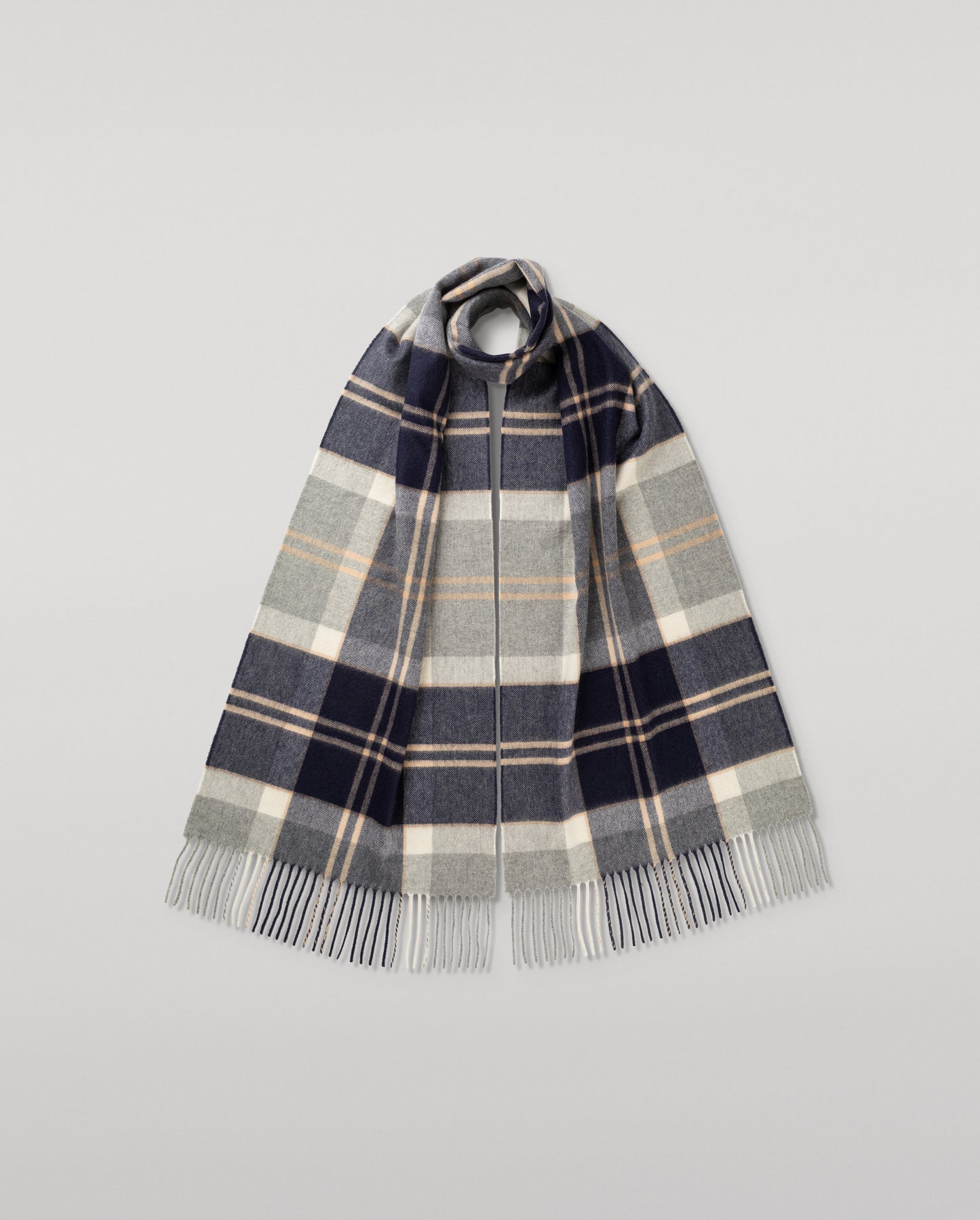 Johnstons of Elgin Ultrafine Merino Tartan Scarf in Silver Bannockbane on a white background WDC01797KU0499ONE