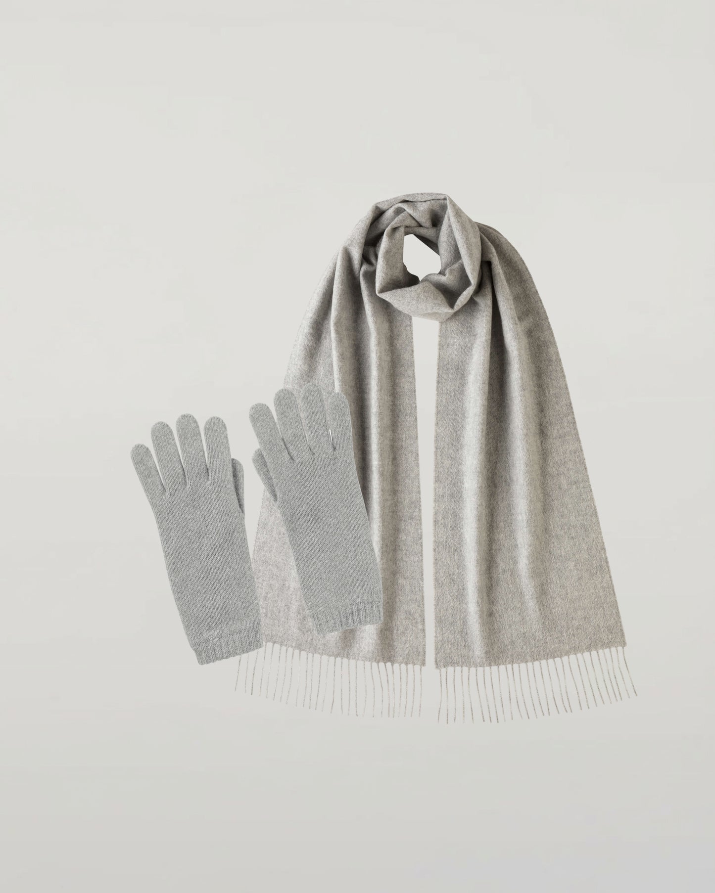 Johnstons of Elgin Gray scarf and gloves set on a white background 365GIFTSET7A