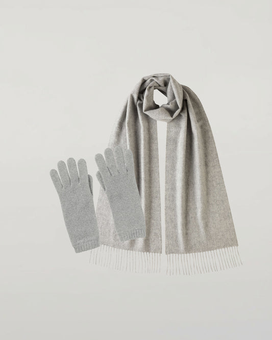 Johnstons of Elgin Gray scarf and gloves set on a white background 365GIFTSET7A