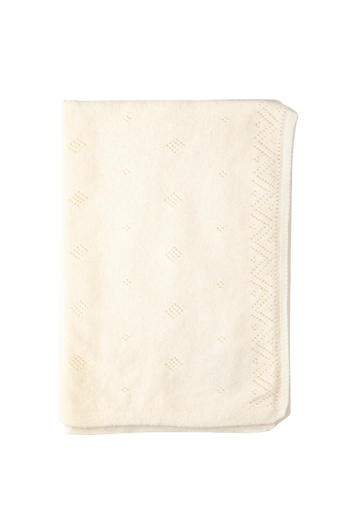 Johnstons of Elgin’s Gift Set includes our Cashmere Pointelle Baby Blanket, Hat, Mittens & Booties in Ecru on a white background AW21GIFTSET18A
