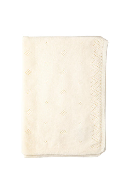 Johnstons of Elgin’s Gift Set includes our Cashmere Pointelle Baby Blanket, Hat, Mittens & Booties in Ecru on a white background AW21GIFTSET18A