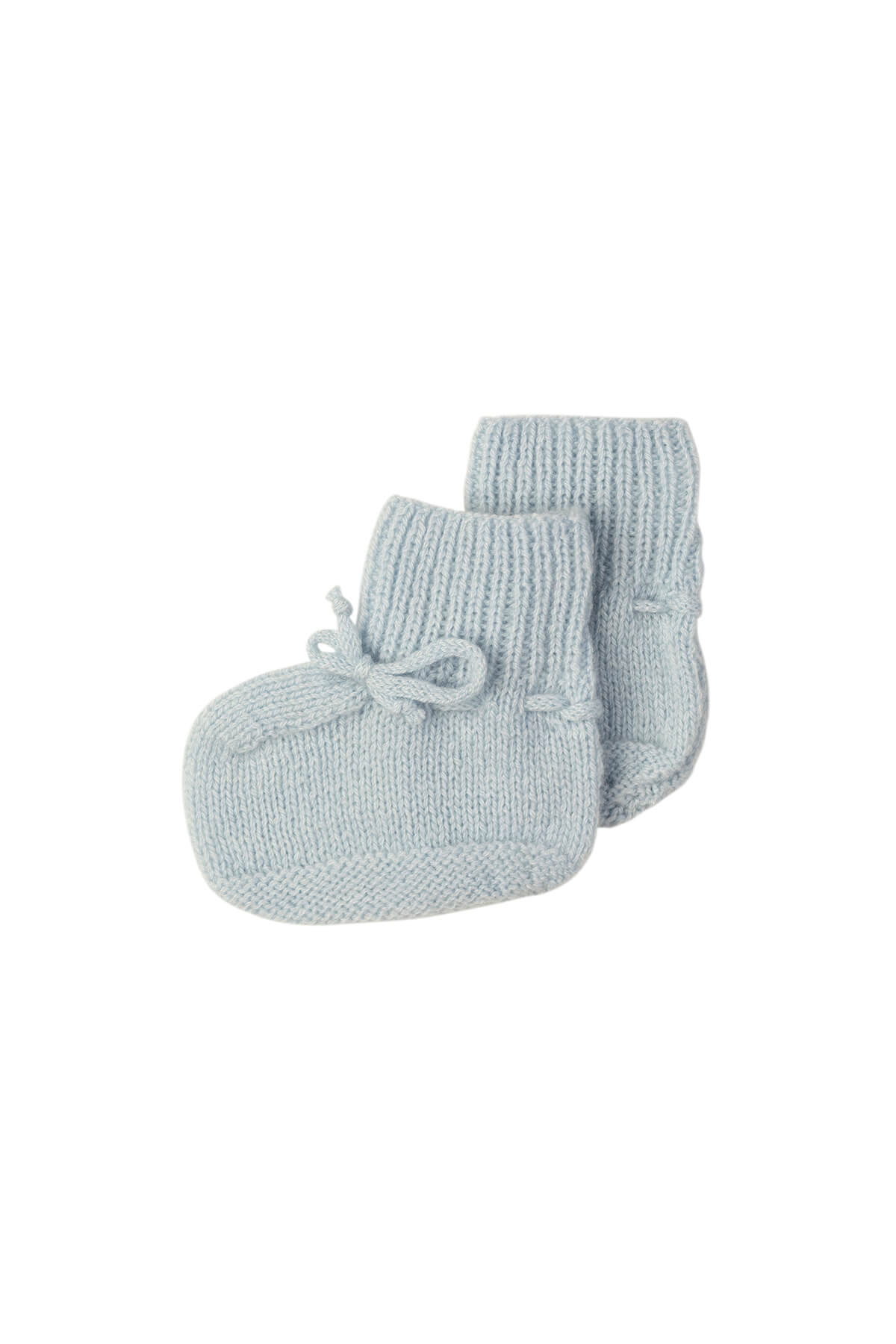 Johnstons of Elgin Hand Knitted Cashmere Baby Booties in Powder Blue on white background JA000114SD0167ONE