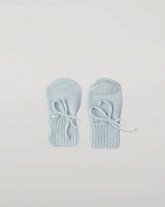 Johnstons of Elgin Hand Knitted Cashmere Baby Mittens in Powder Blue on white background JA000108SD0167ONE